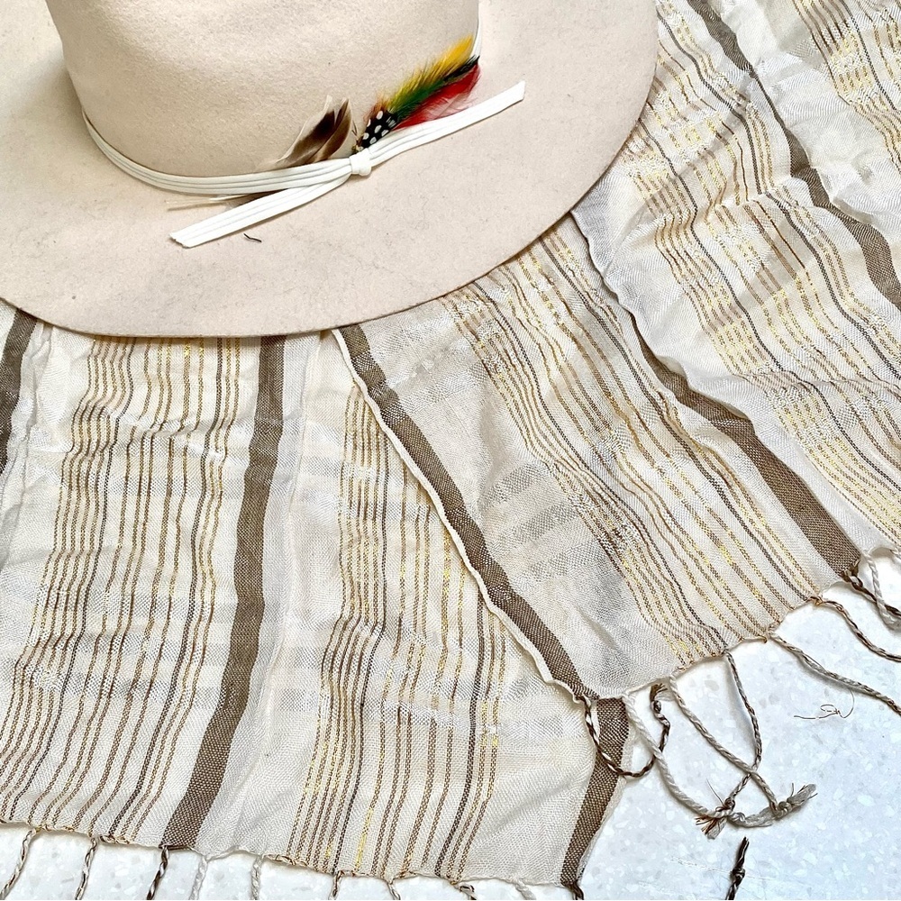 Elegant texture & Gold ribbon boho scarf/wrap w shabby chic vacay resort vibe